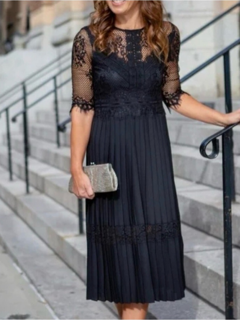 Zara Basic Black Lace Pleeted Midi Dress, Size XL
